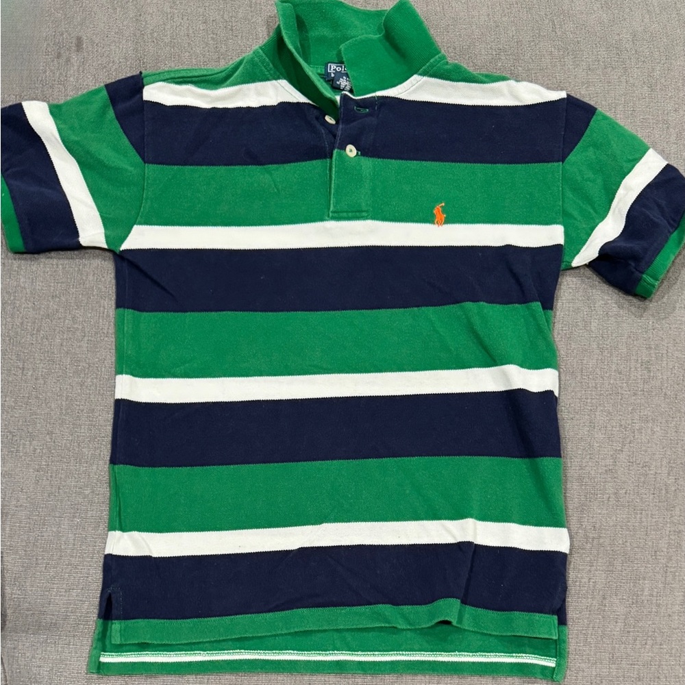 Ralph Lauren Green, Navy & White Striped Polo with Orange Pony